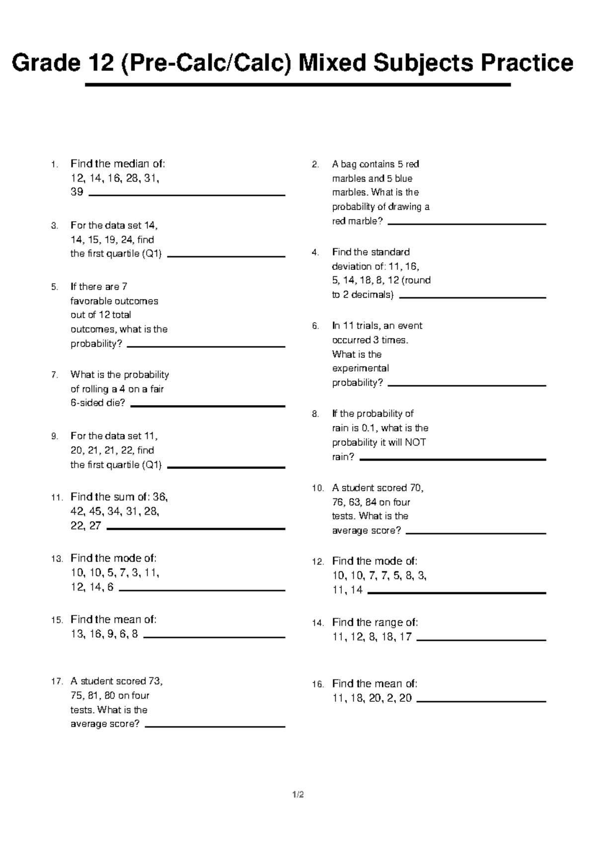 Grade 12 Calc Mixed Subjects Practice 4: Statistics & Probability - Studocu