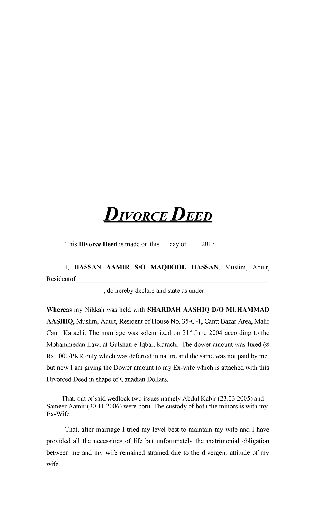 DIVORCE DEED: Hassan Aamir's Legal Separation Agreement - Studocu