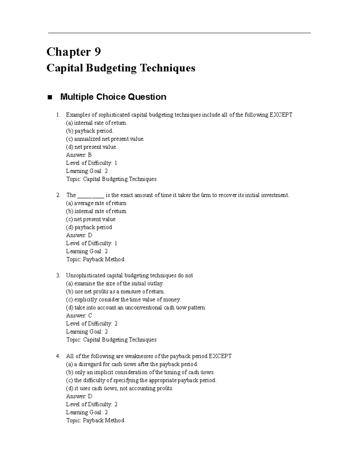 Tb09 Chapter 9 Capital Budgeting Techniques MCQs and Answers - Studocu