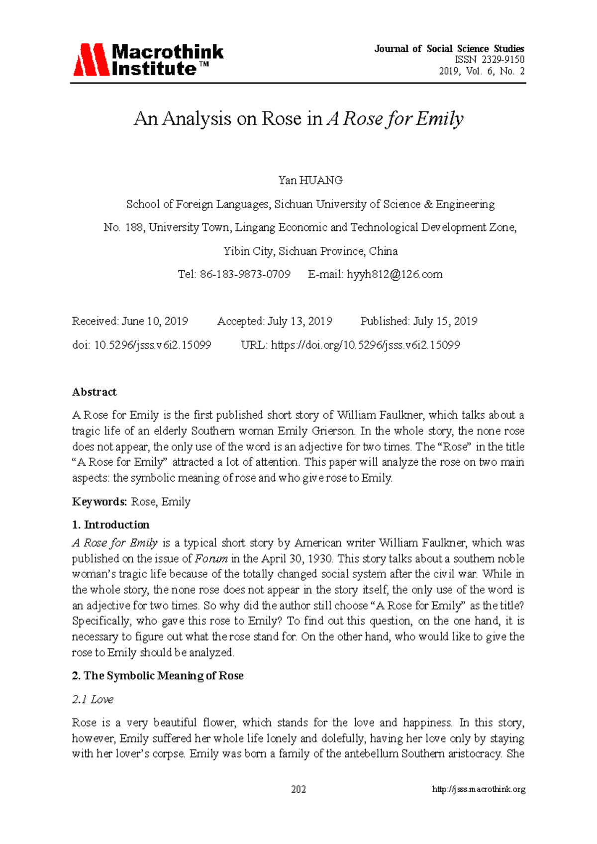 An Analysis on Rose in A Rose for Emily - ISSN 2329- 2019, Vol. 6, No ...