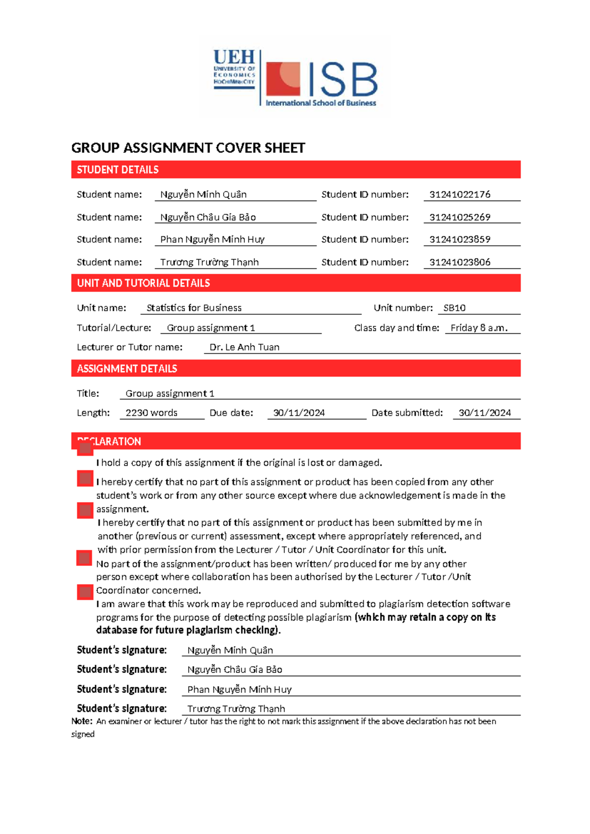 GA1 - Group Assignment Cover Sheet for Statistics for Business - Studocu