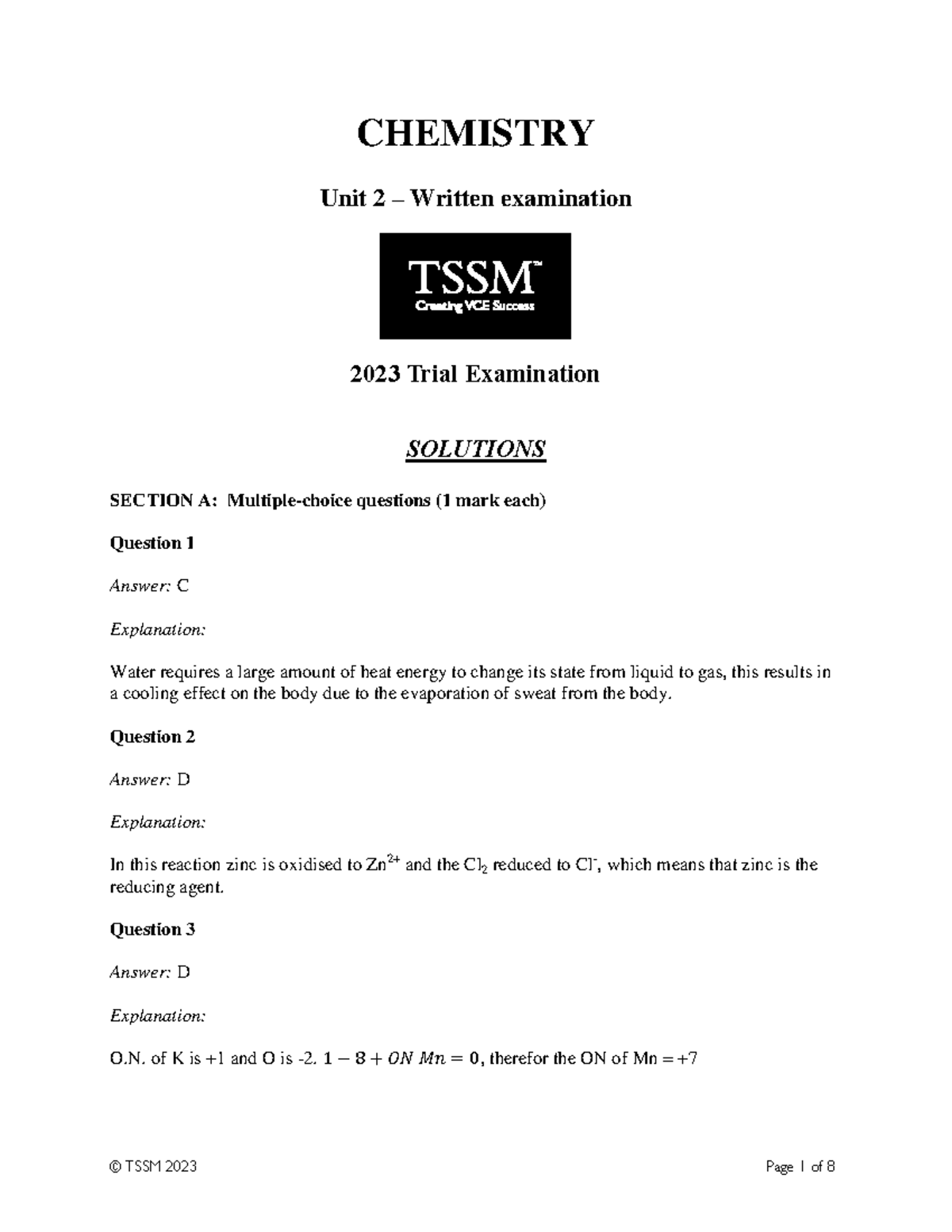 TSSM CHEMISTRY 2023 Unit 2 Trial Exam Solutions and Explanations - Studocu