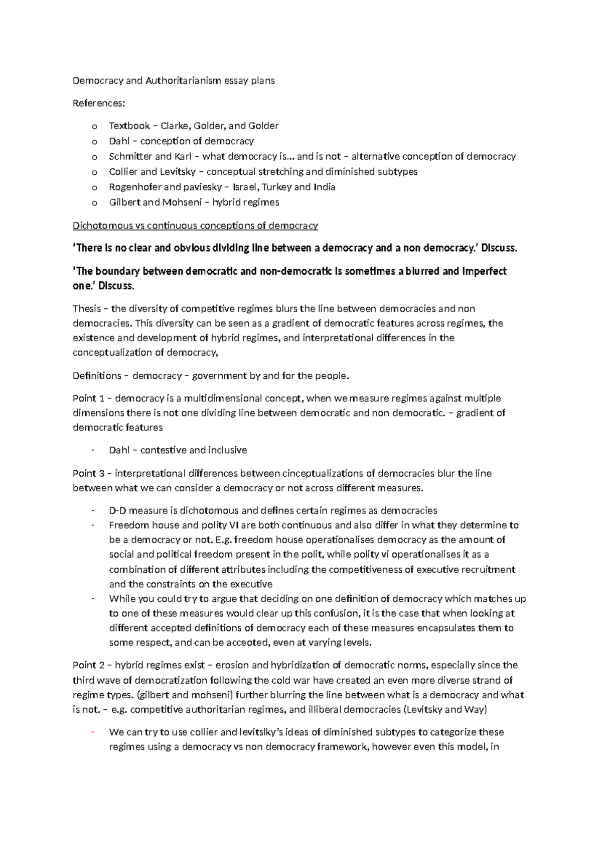 Democracy vs Authoritarianism: Essay Plans & Key Concepts - Studocu