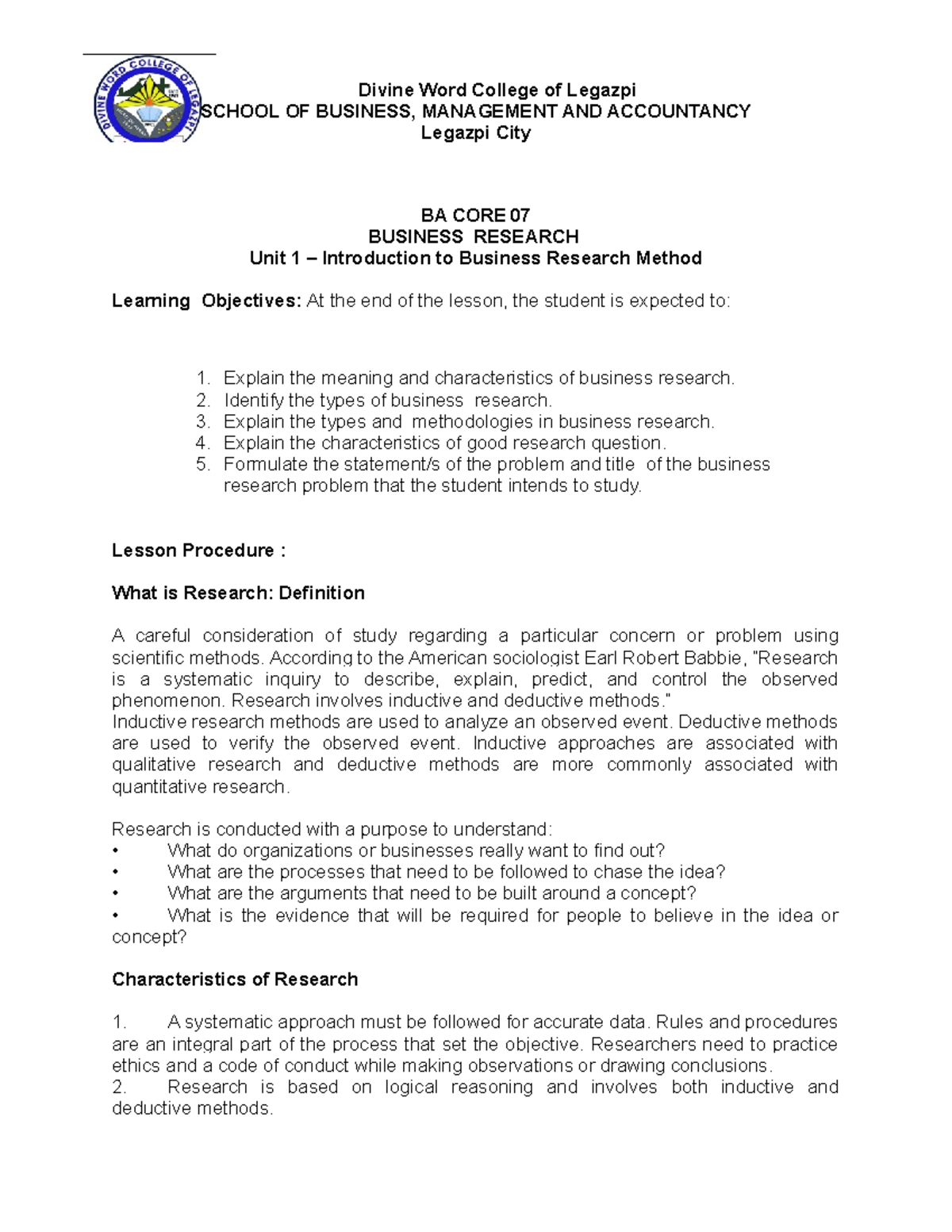 BA CORE 07 - Unit 1: Introduction to Business Research Methods - Studocu