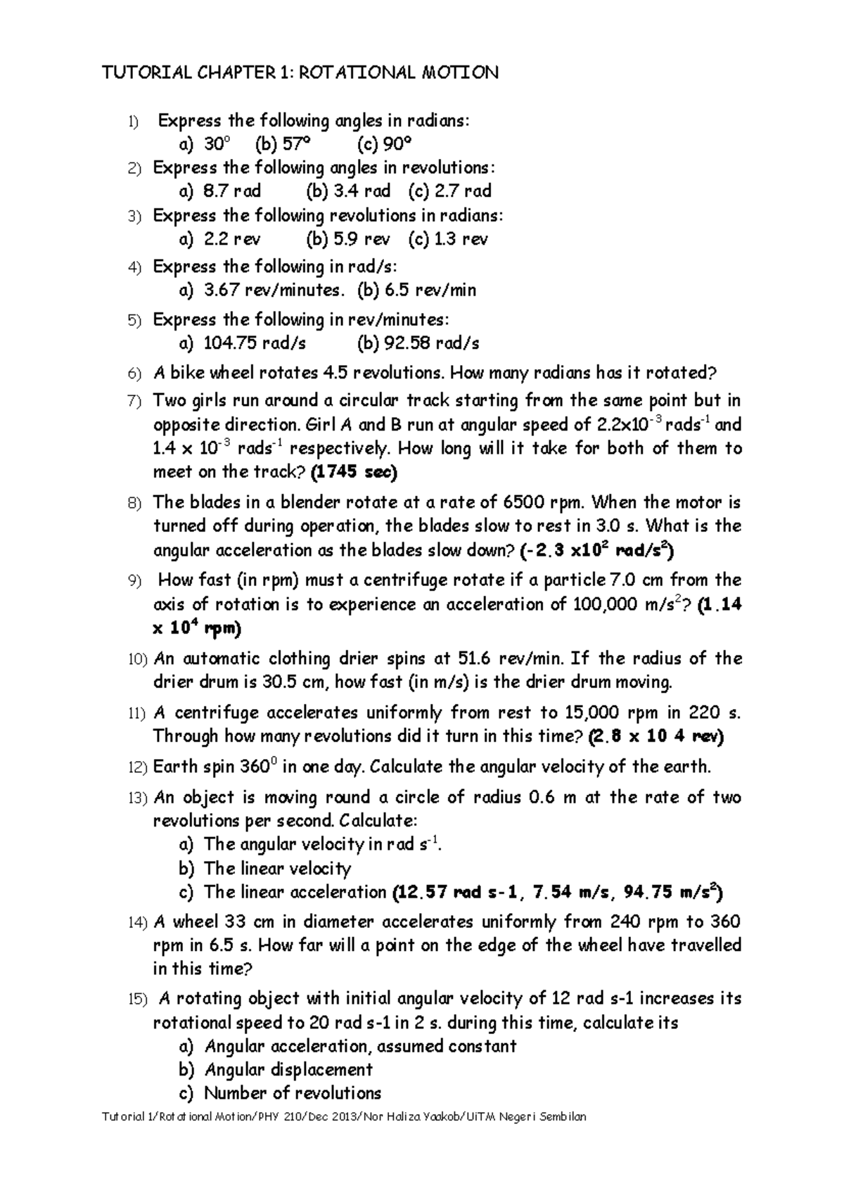 Tutorial 1: Rotational Motion Concepts and Calculations - Studocu
