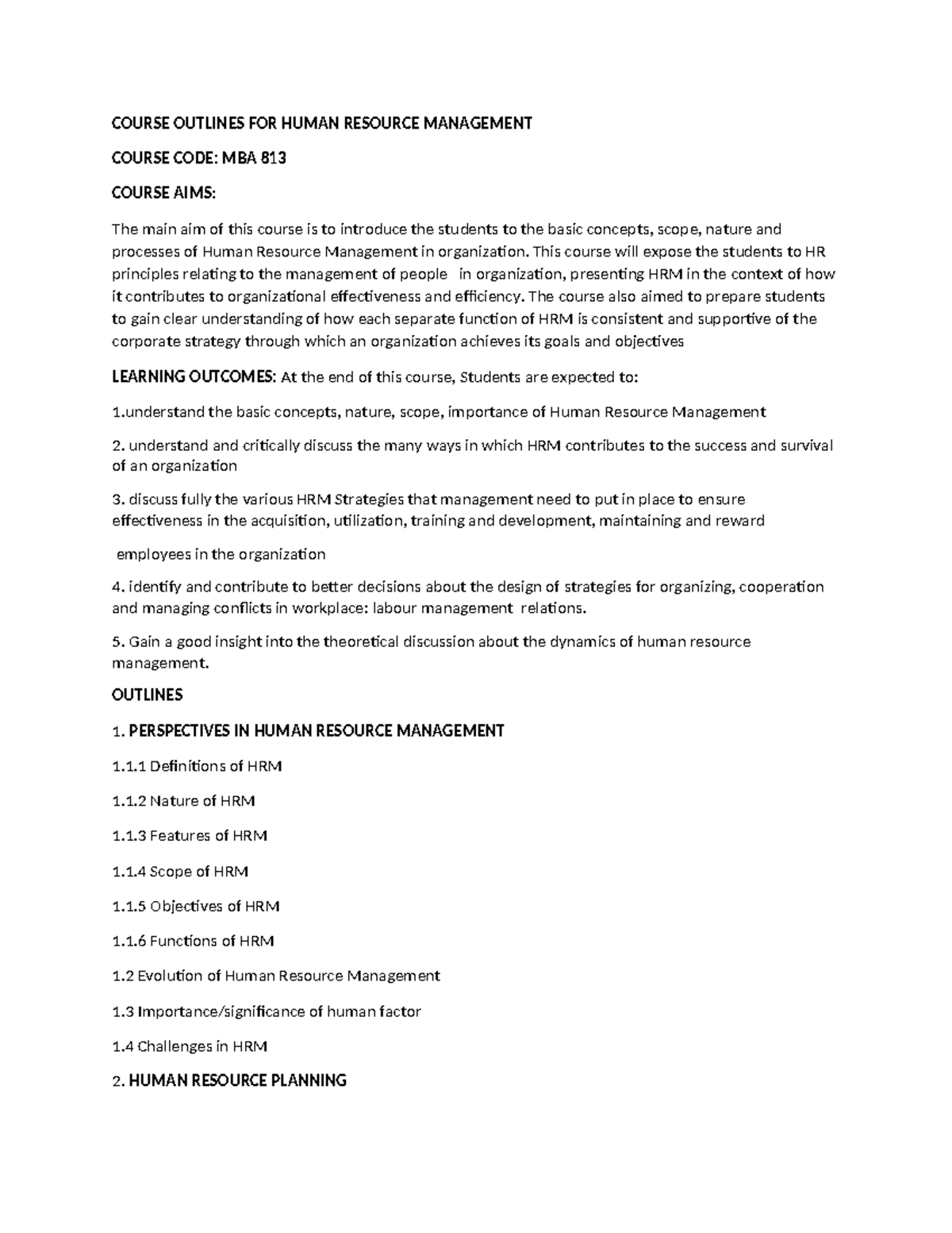 MBA 813: Course Outline for Human Resource Management - Studocu