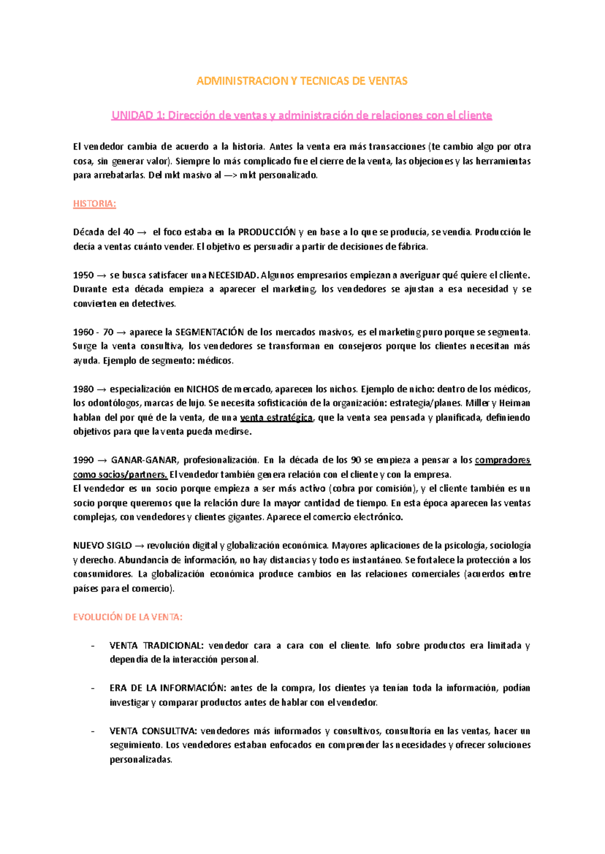 ADMINISTRACION Y TECNICAS DE VENTAS - UNIDAD 1: Evolución y Estrategias ...