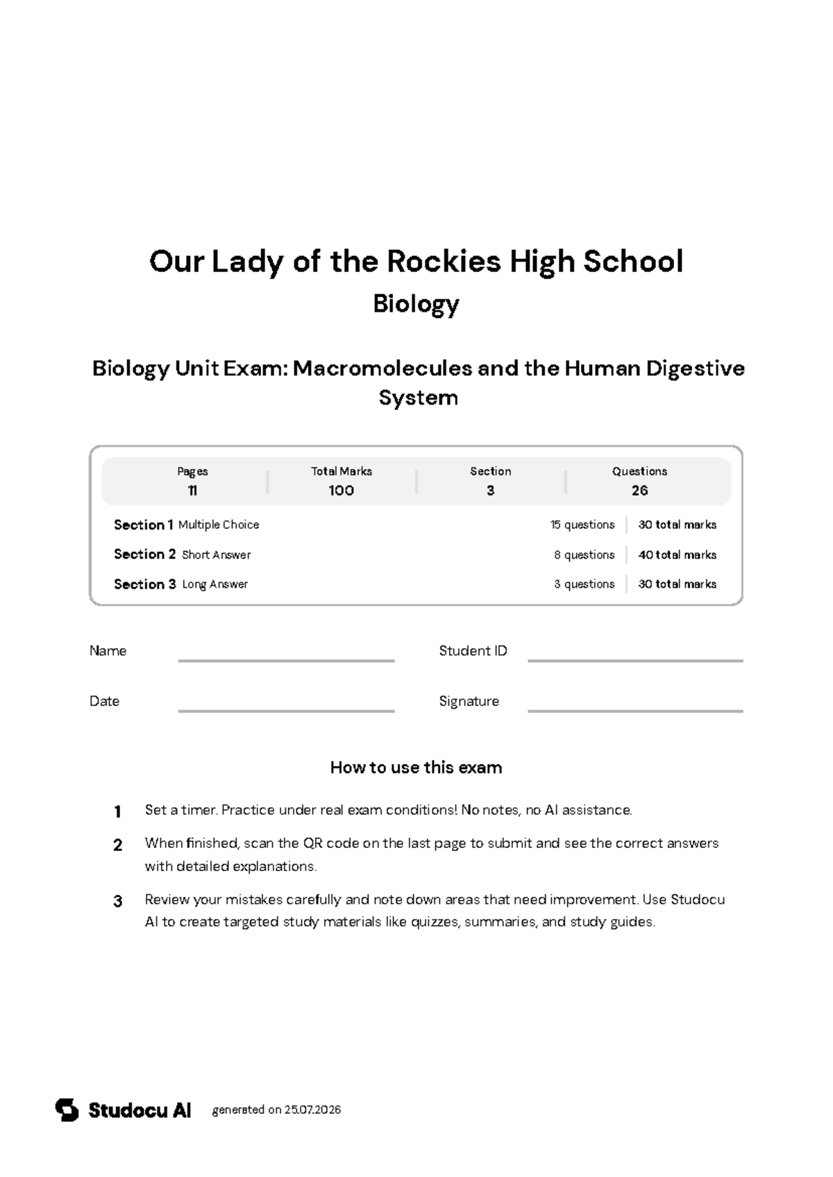 Biology Unit Exam: Macromolecules & Digestive System - Studocu