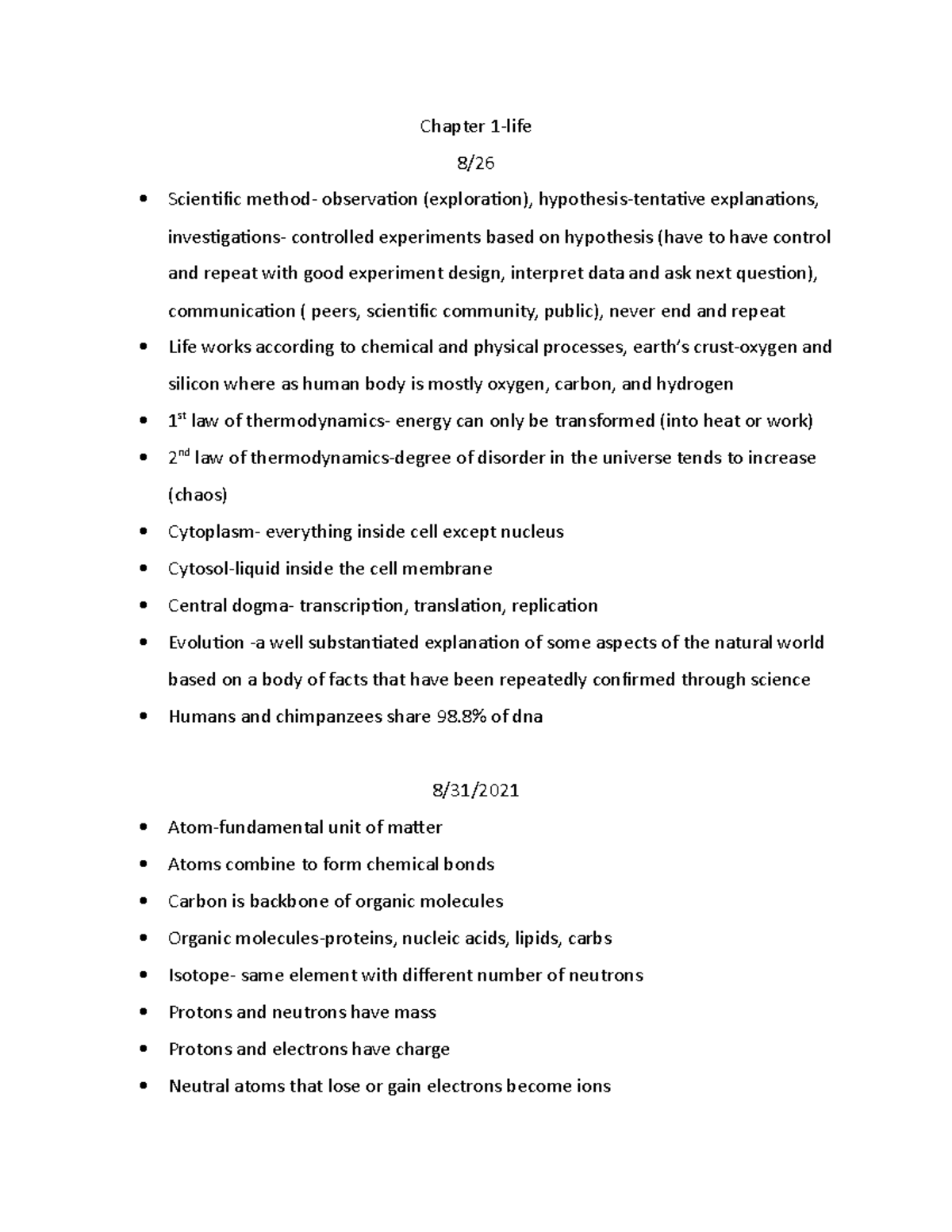 Bio lecture 140 lecture notes - Chapter 1-life 8/ Scientific method ...
