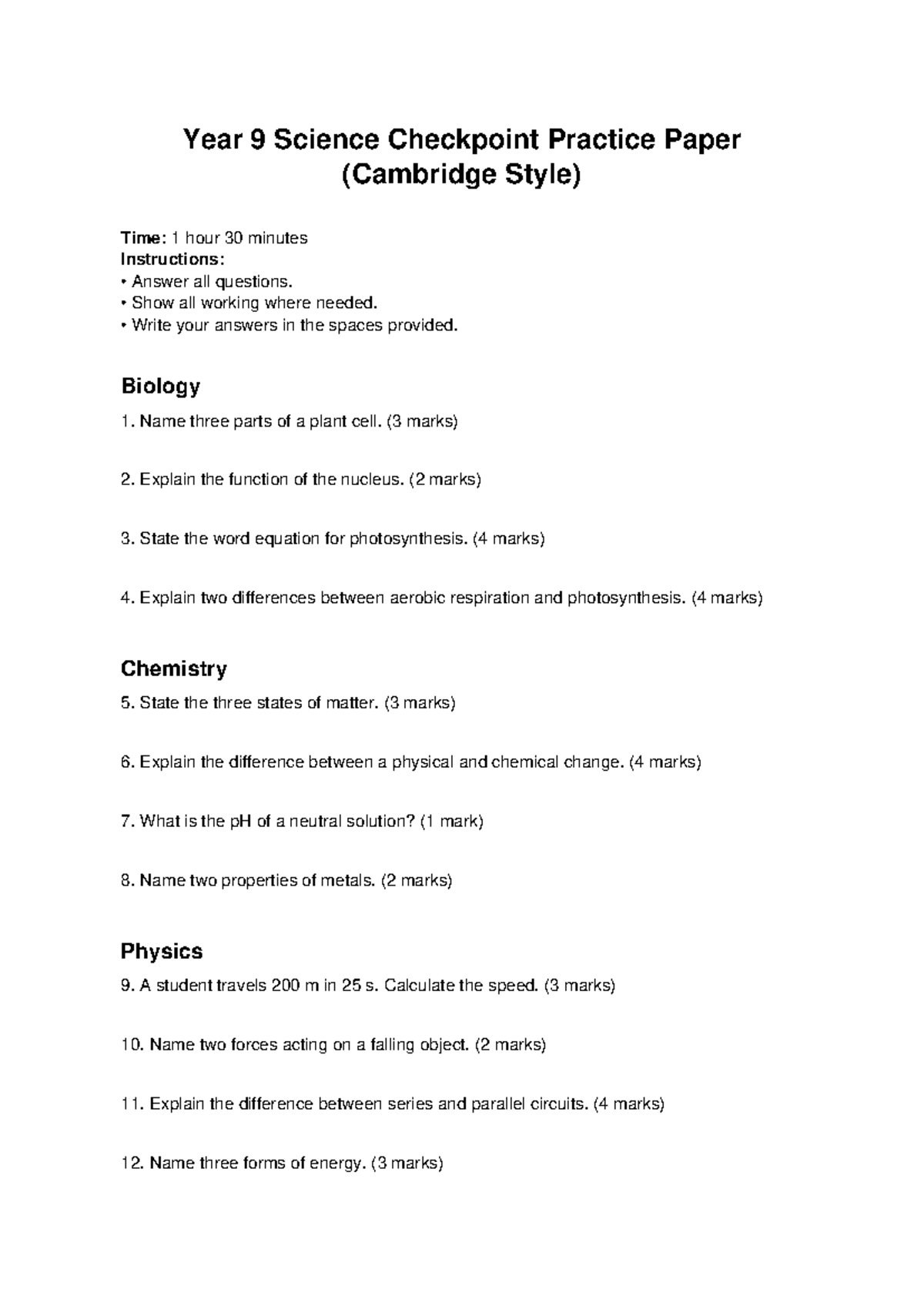 Year 9 Science Checkpoint Practice Paper (Cambridge Style) - Studocu