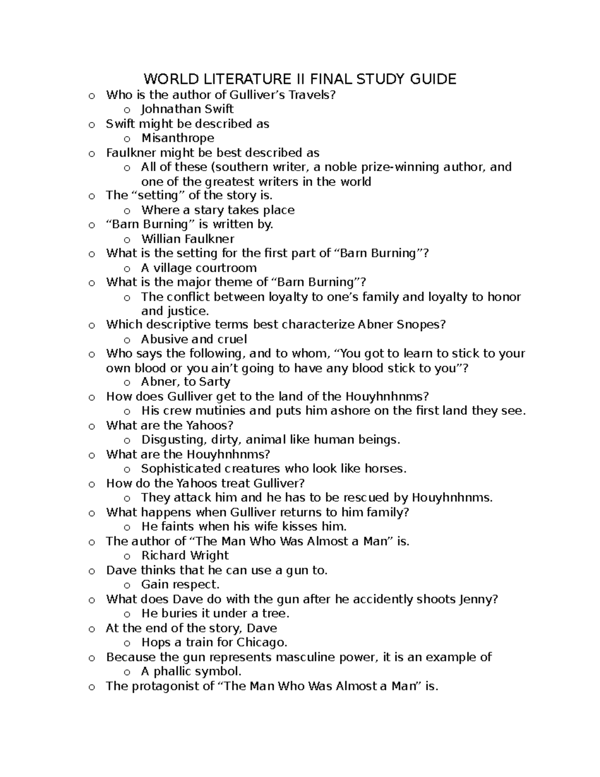 World Literature II Final Exam Study Guide - Studocu