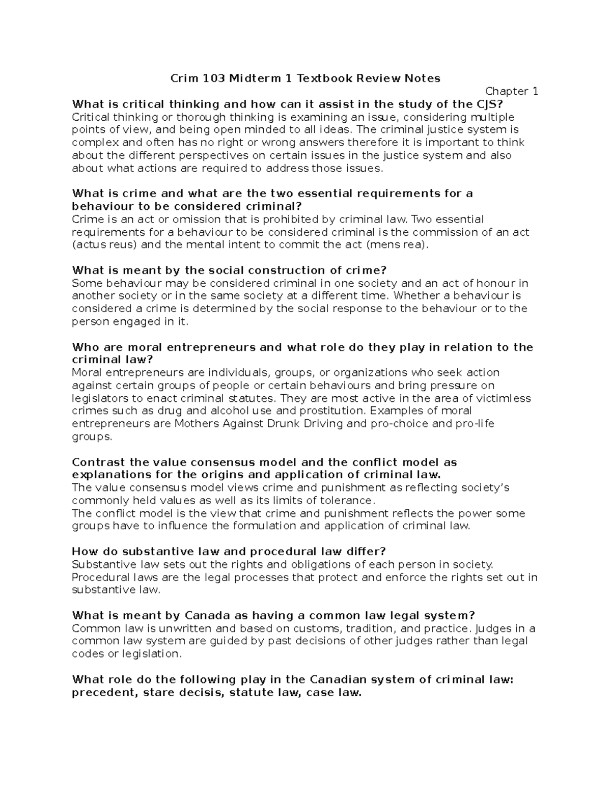 Crim 103 Midterm 1 Review: Key Q&A from 2019 Textbook Notes - Studocu