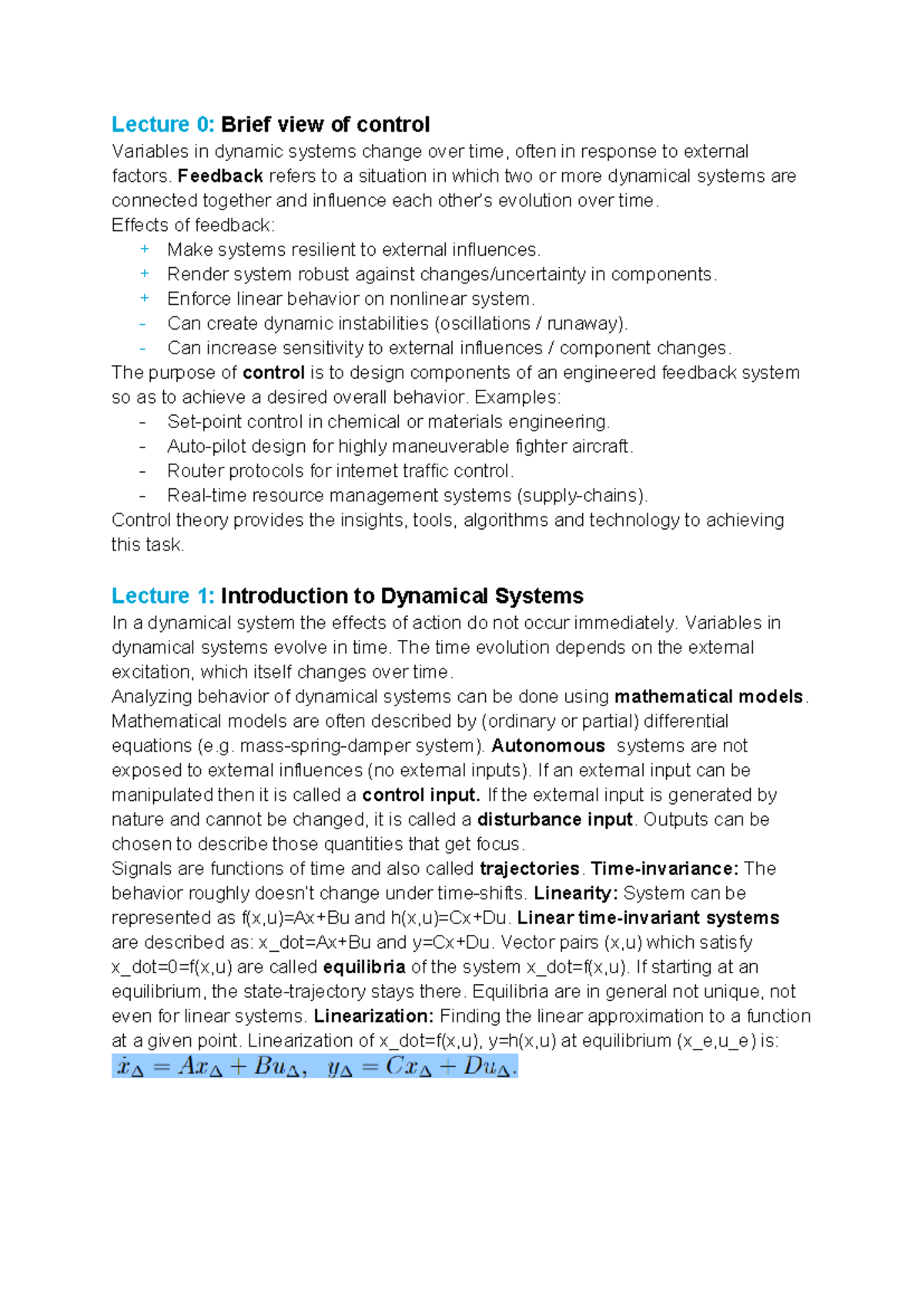 Lecture 0: Overview of Control Systems and Feedback Dynamics - Studeersnel