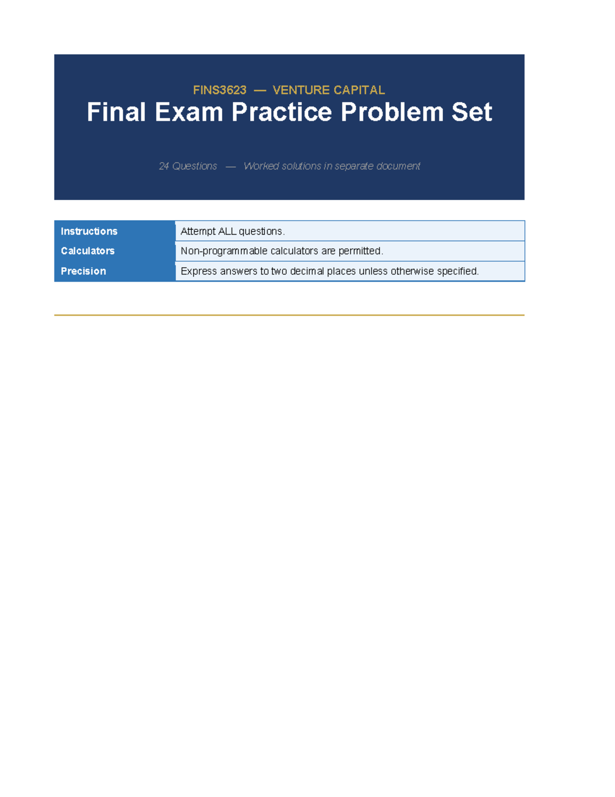 FINS3623 VENTURE CAPITAL Final Exam Problem Set T1 2026-2 Solutions ...