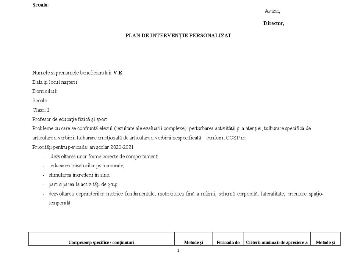 Plan de Intervenție Personalizat pentru Elevii cu CES în Sport - Studocu