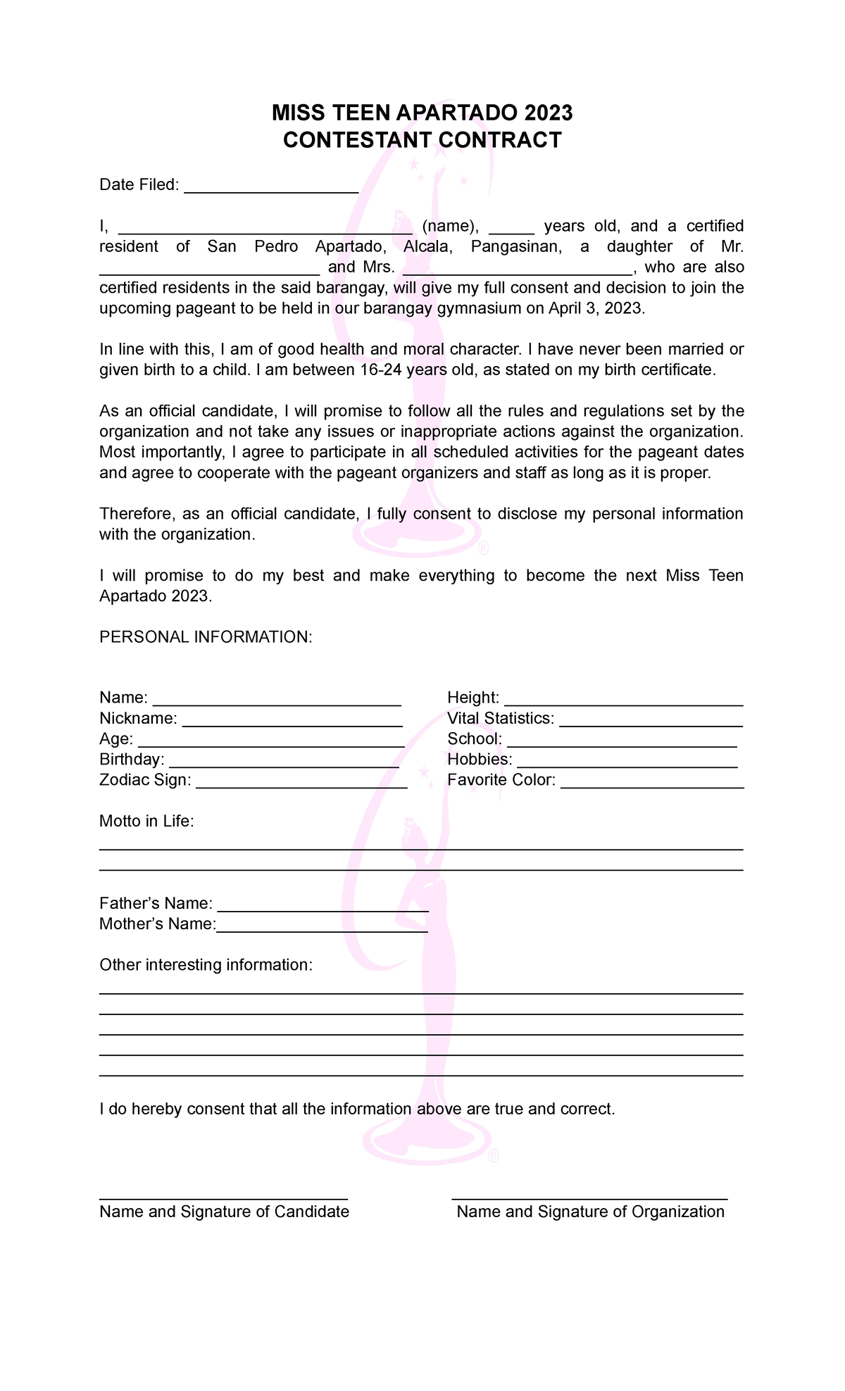 Miss Teen Apartado 2023 Contestant Contract Guidelines - Studocu