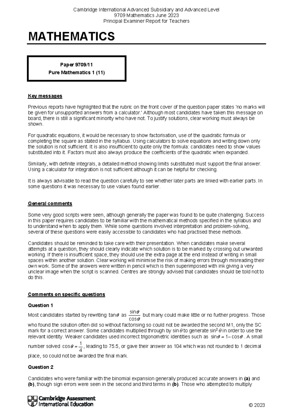 Cambridge International A Level 9709 Mathematics June 2023 Examiner ...
