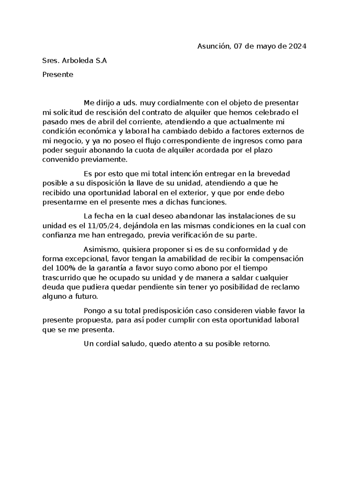 Propuesta de Rescisión de Contrato de Alquiler - Formulario Genérico ...