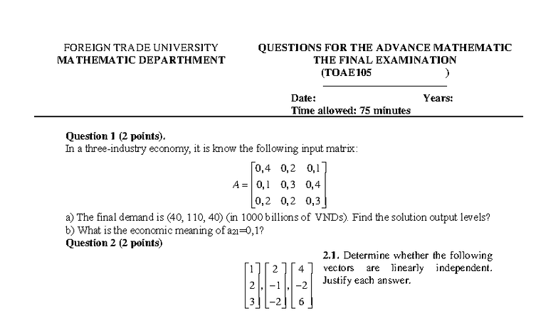 Advance Mathematic 2 - Final Exam Practice Questions (TOAE105) - Studocu