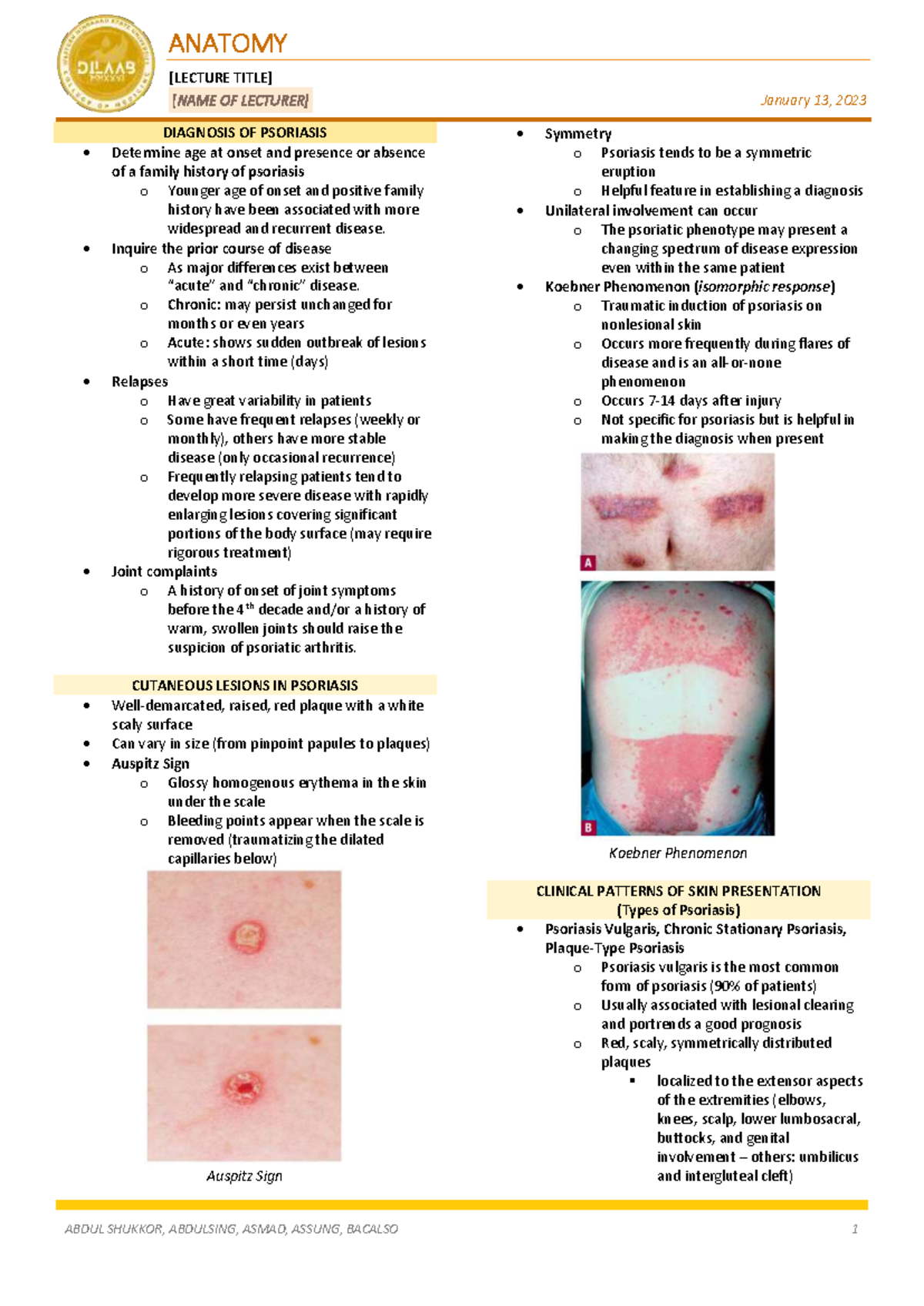 Diagnosis and Clinical Patterns of Psoriasis (Lecture - January 2023 ...