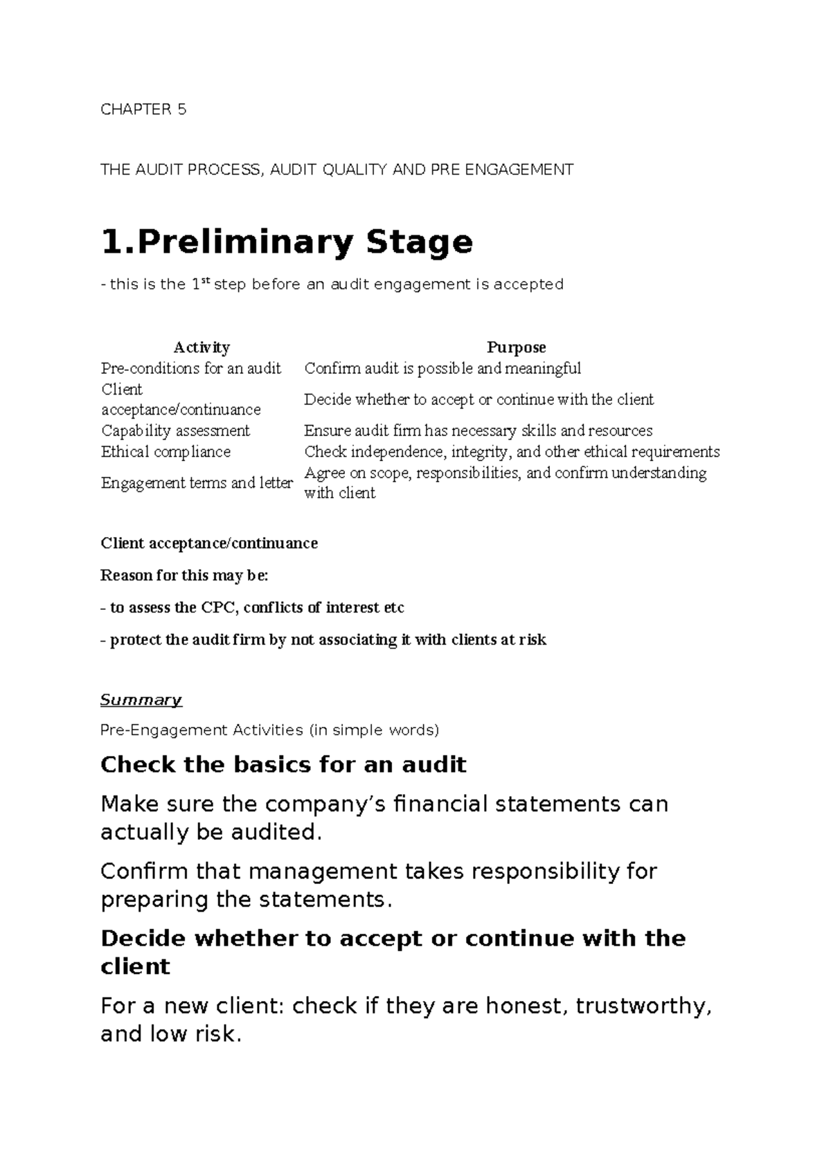 CH5: The Audit Process, Quality, and Pre-Engagement Activities - Studocu