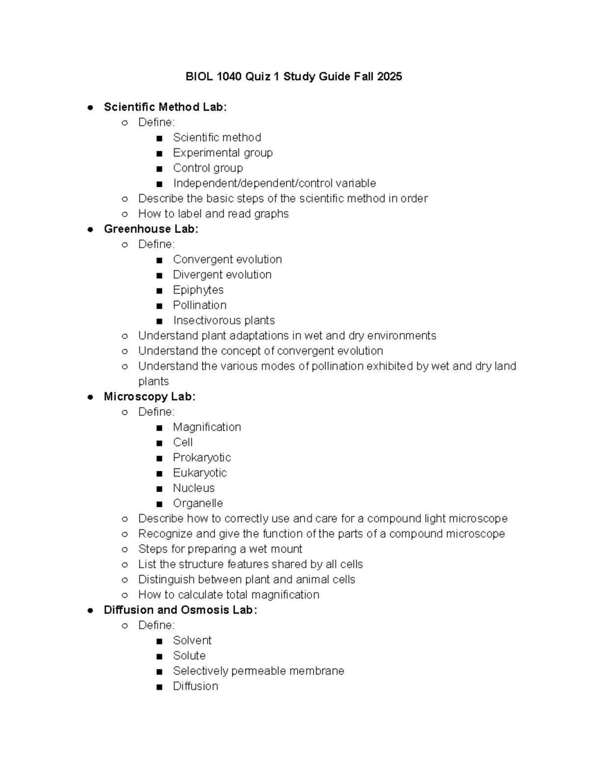 BIOL 1040 Quiz 1 Study Guide - Scientific Method & Labs - Studocu