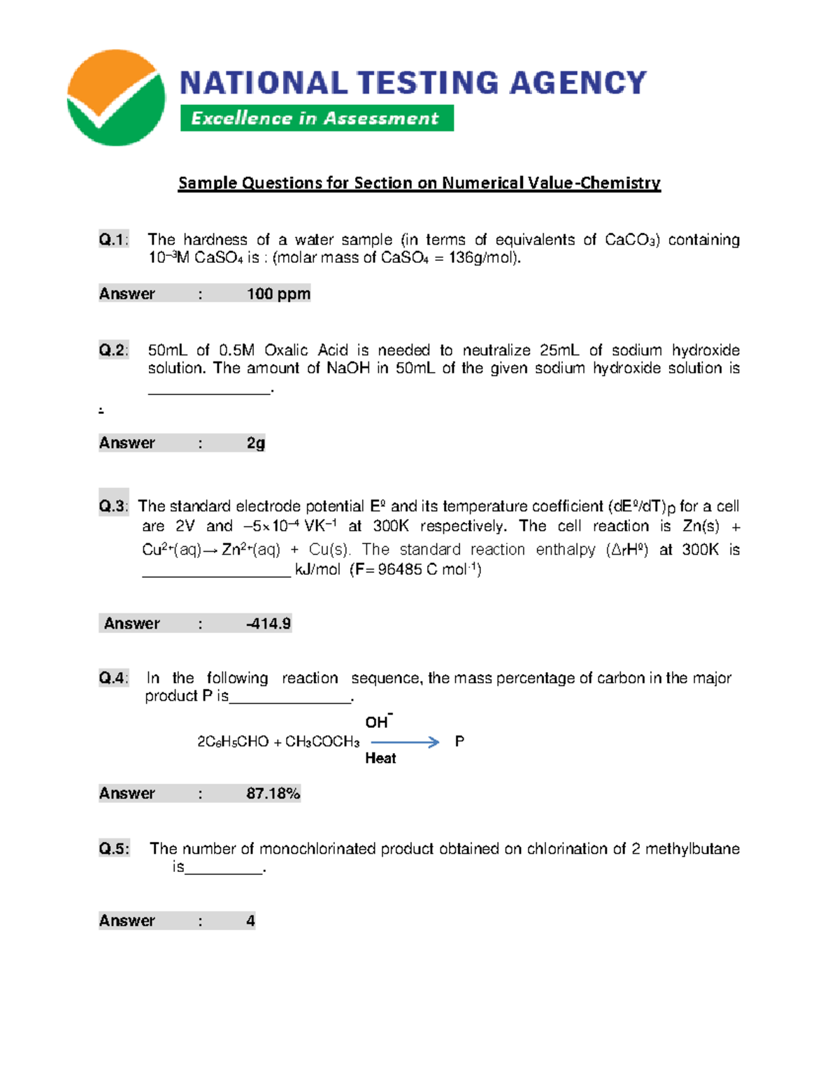 JEE Main 2024 Chemistry: Sample Numerical Questions by NTA - Studocu