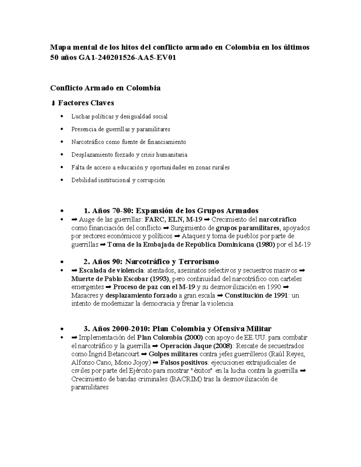 Mapa mental de los hitos del conflicto armado en Colombia en los ...