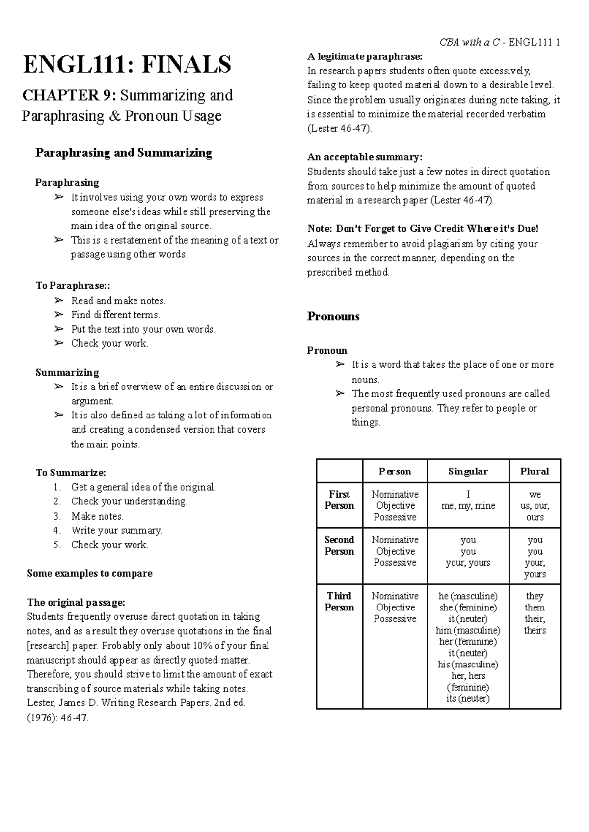 ENGL111 Final Exam Study Guide: Summarizing, Paraphrasing & Voice - Studocu