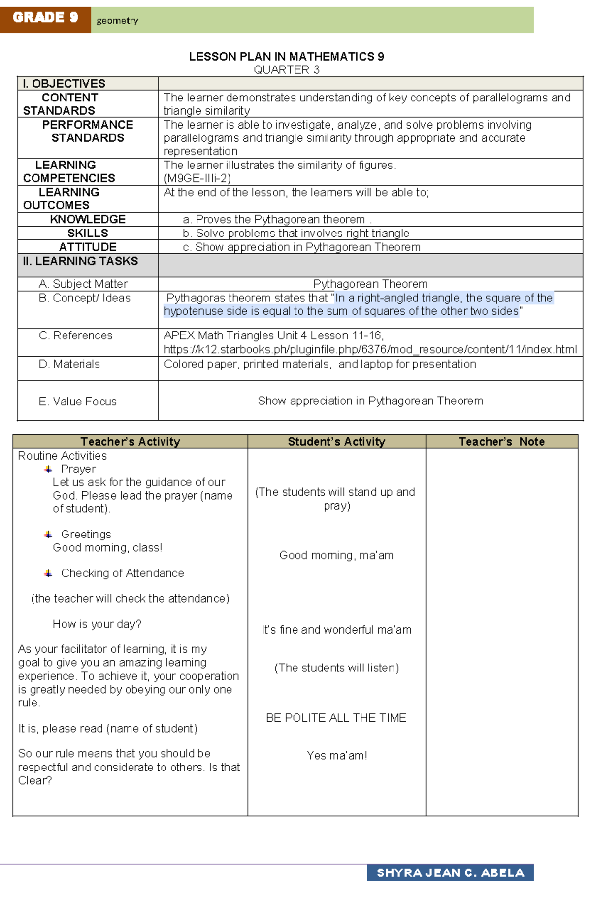 Pythagorean - LESSON PLAN IN MATHEMATICS 9 QUARTER 3 I. OBJECTIVES ...