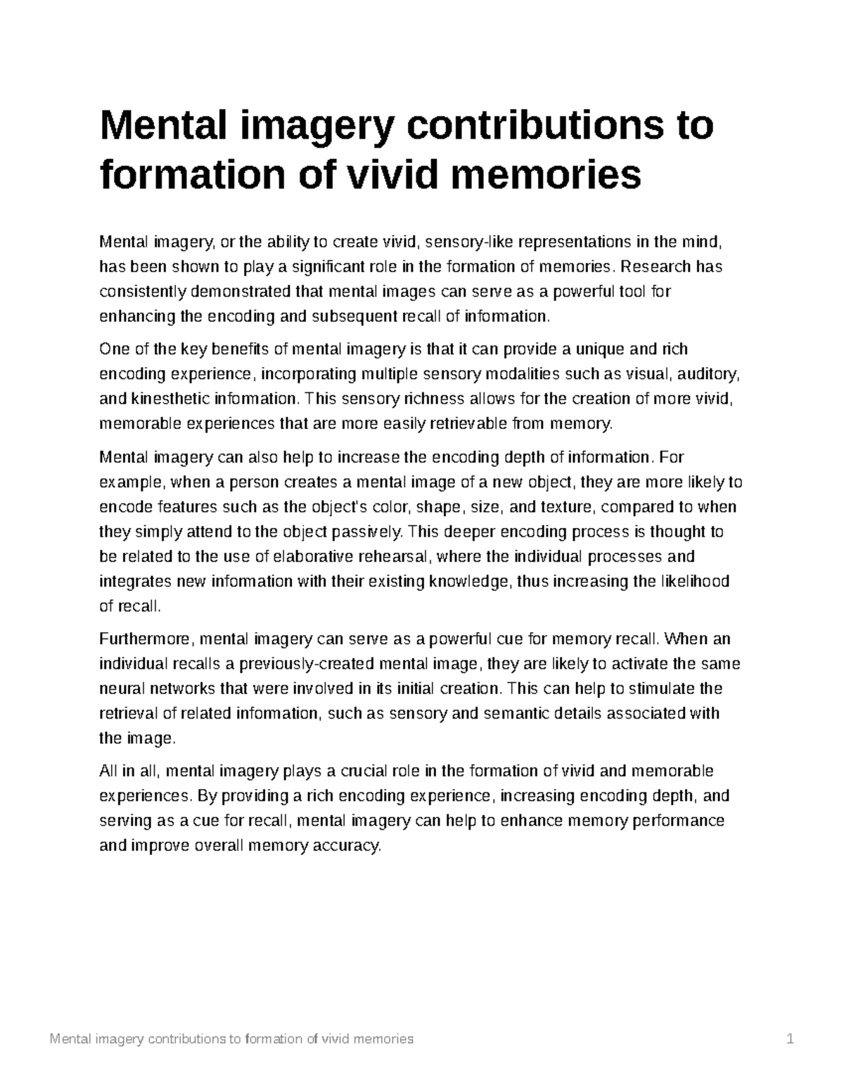 Mental imagery contributions to formation of vivid memories - Research ...