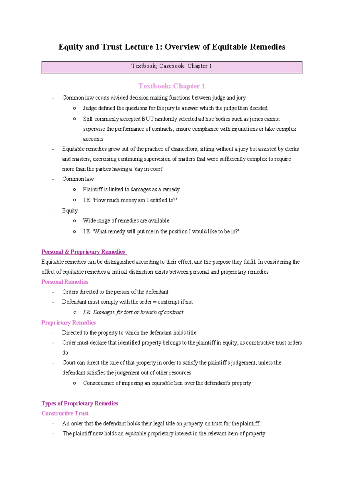 Equity & Trusts 1A: Overview of Equitable Remedies and Case Law - Studocu
