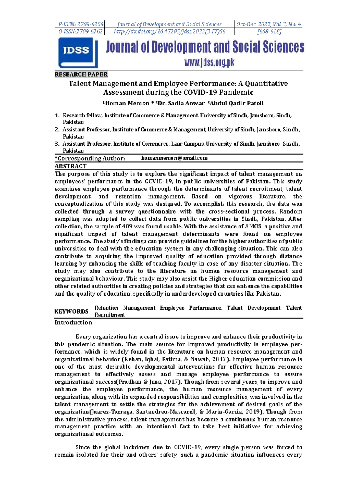 JDSS 2022, Vol. 3, No. 4: Talent Management & Employee Performance in ...