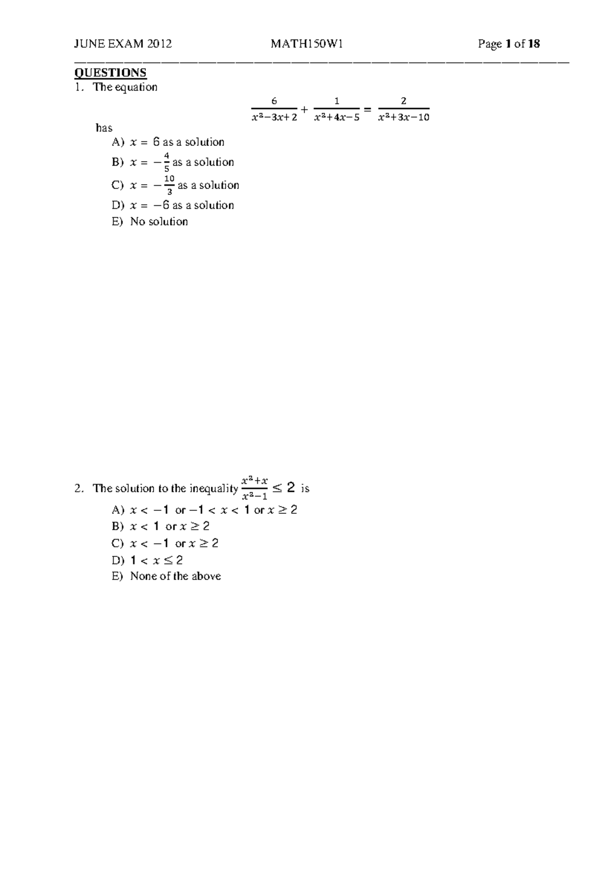 JUNE 2012 EXAM MATH150W1 Practice Paper Questions and Solutions - Studocu