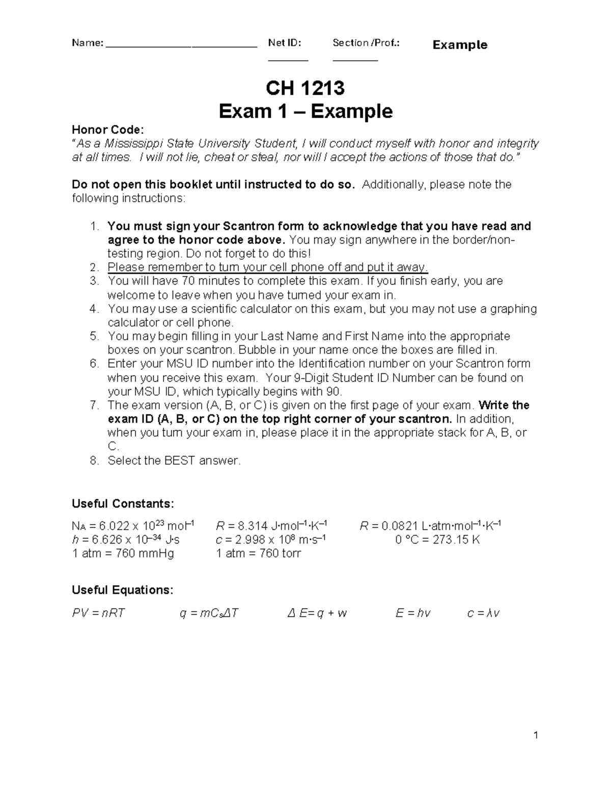CH 1213 Exam 1 Example - Practice Exam Instructions and Questions - Studocu