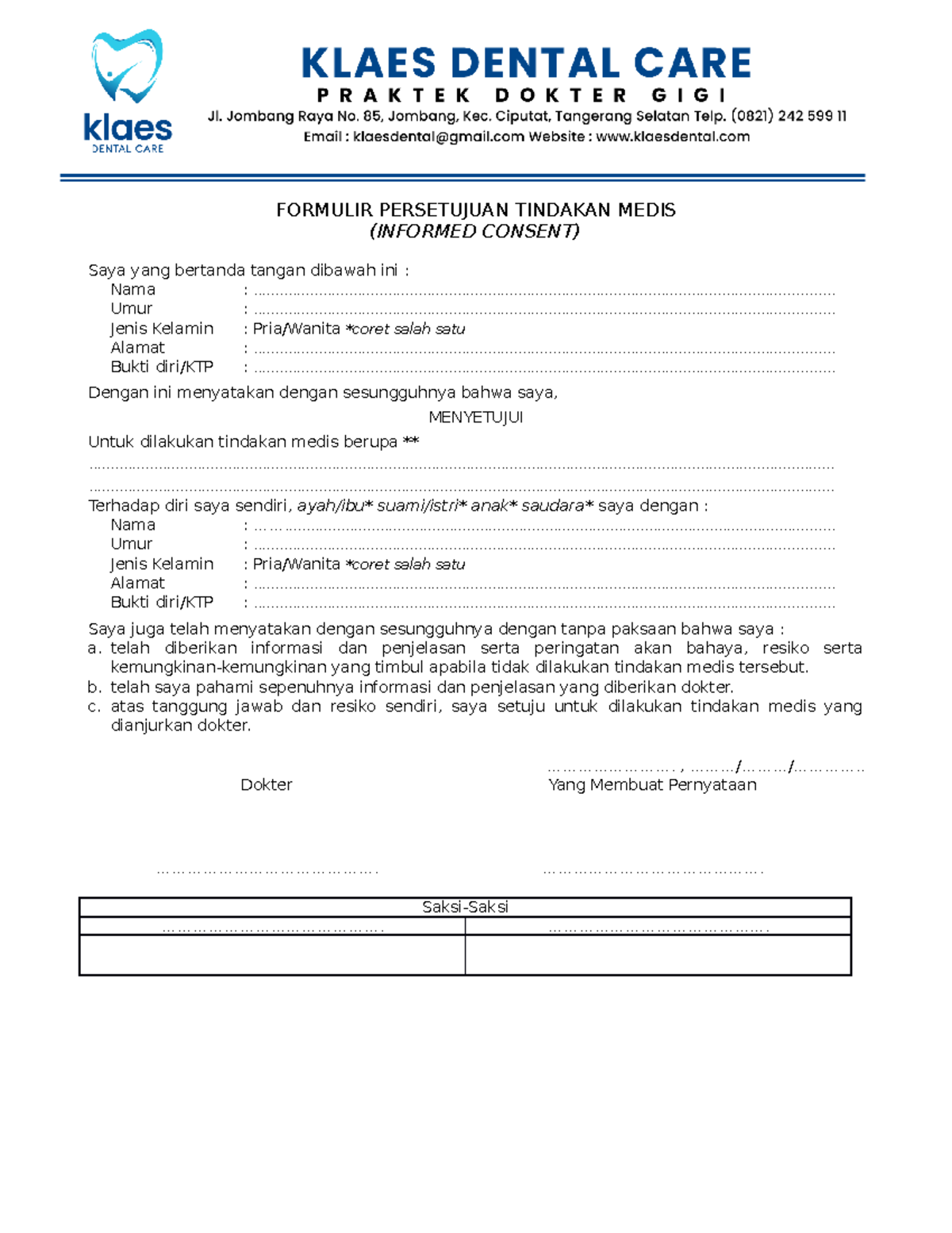 FORMULIR PERSETUJUAN TINDAKAN MEDIS (INFORMED CONSENT) A4 - Studocu