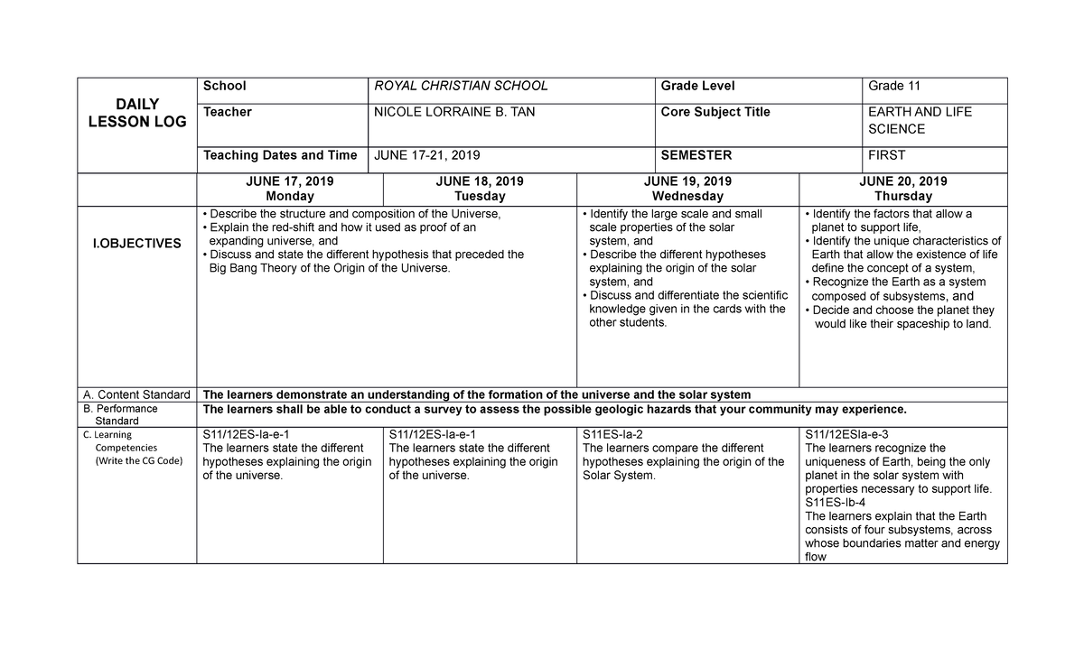 Daily Lesson Log: Earth and Life Science (Grade 11) - June 2019 - Studocu