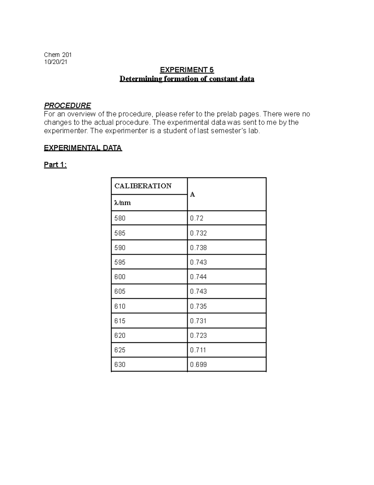 Chem 201 Experiment 5: Determining Formation Constant Data - Studocu