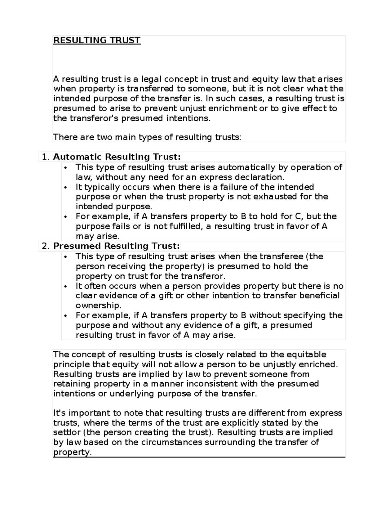 Resulting Trust Concepts in Trust and Equity Law (LAW 301) - Studocu