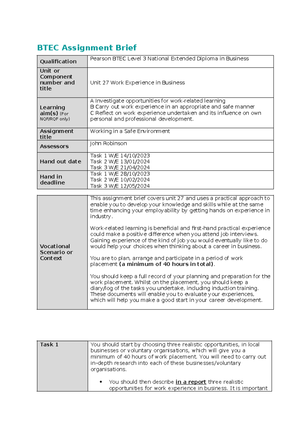Unit 27 Assignment Brief: Work Experience in Business 2023-24 - Studocu