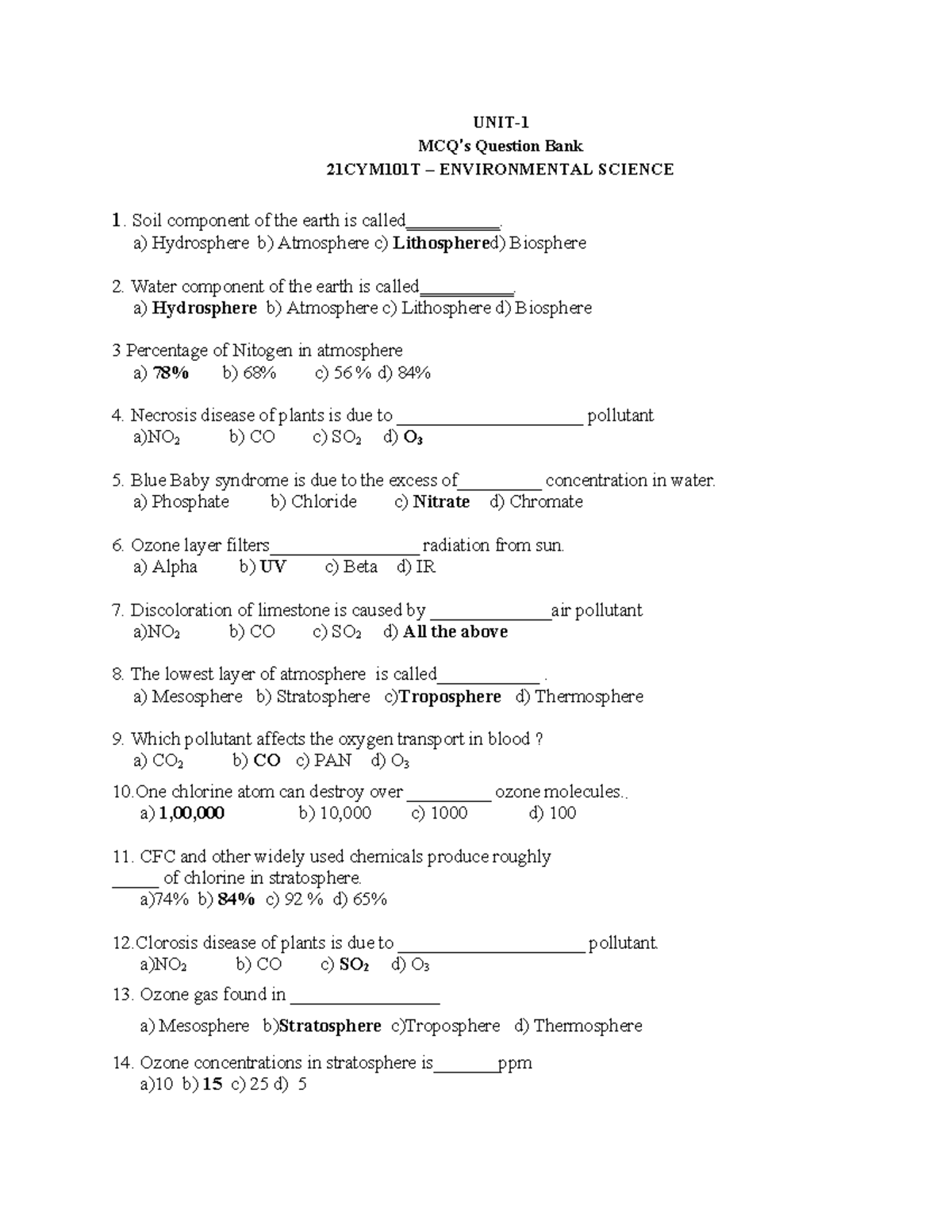 Question Bank for 21CYM101T - Environmental Science Exam Revision - Studocu