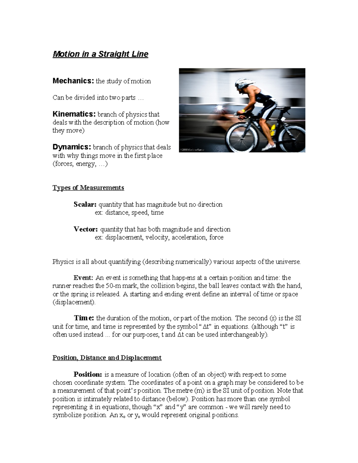 One Dimensional Motion Notes 2018 - Copy - Motion in a Straight Line ...