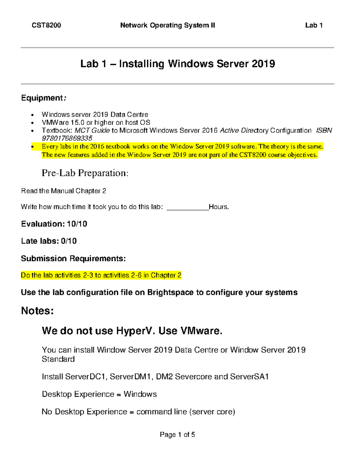 Lab 1: Installing Windows Server 2019 for CST8200 Course - Studocu