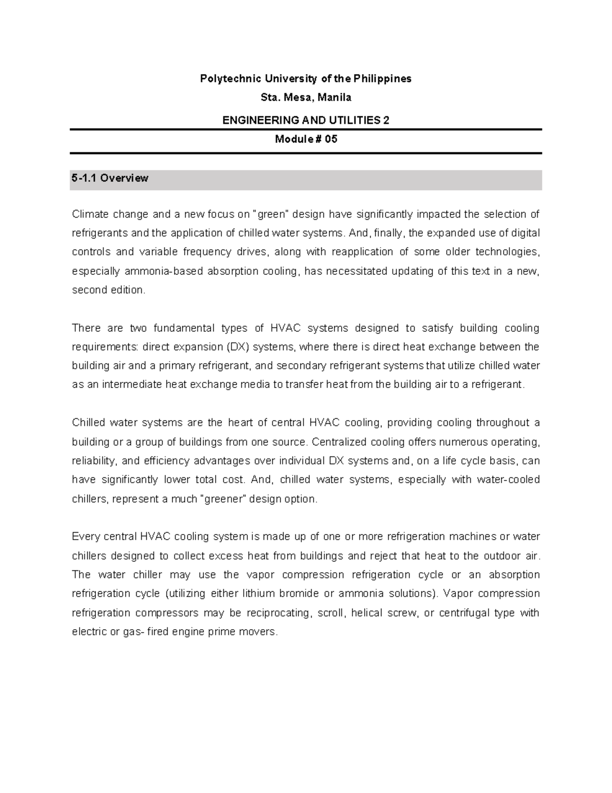 Module 5: Overview of Engineering Utilities 2 - HVAC Systems ...