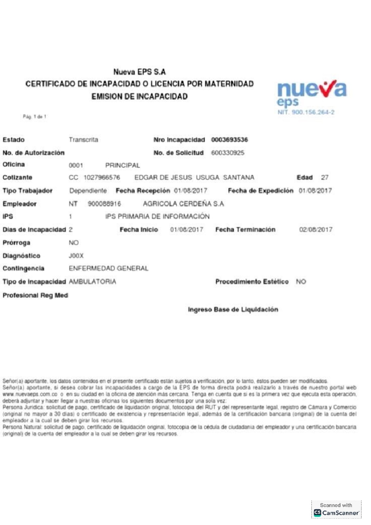 Certificado de Incapacidad y Licencia por Maternidad - Nueva EPS S.A. - Document Preview