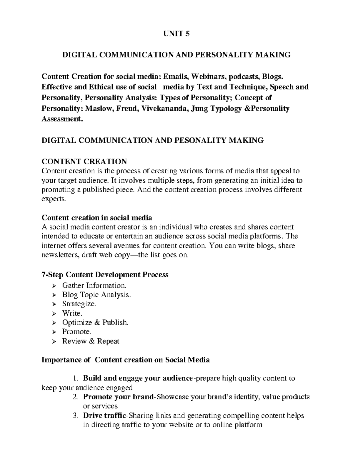 UNIT 5: Digital Communication & Personality Making - Content Creation ...