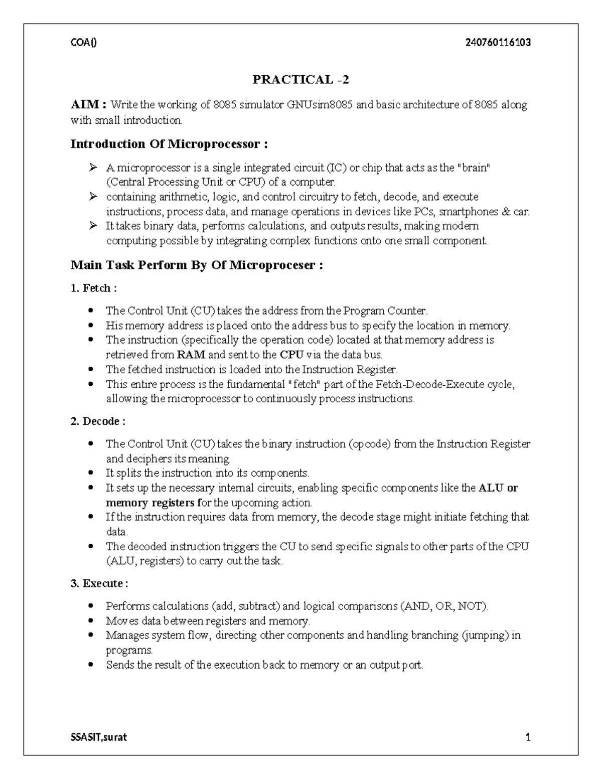 COA 240760116103 Practical: 8085 Simulator & Architecture Overview ...