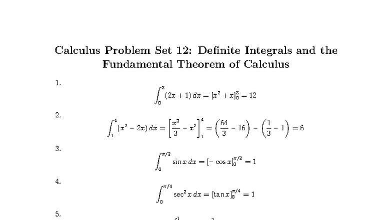 Calculus Problem Set 12: Definite Integrals & FTC - Studocu