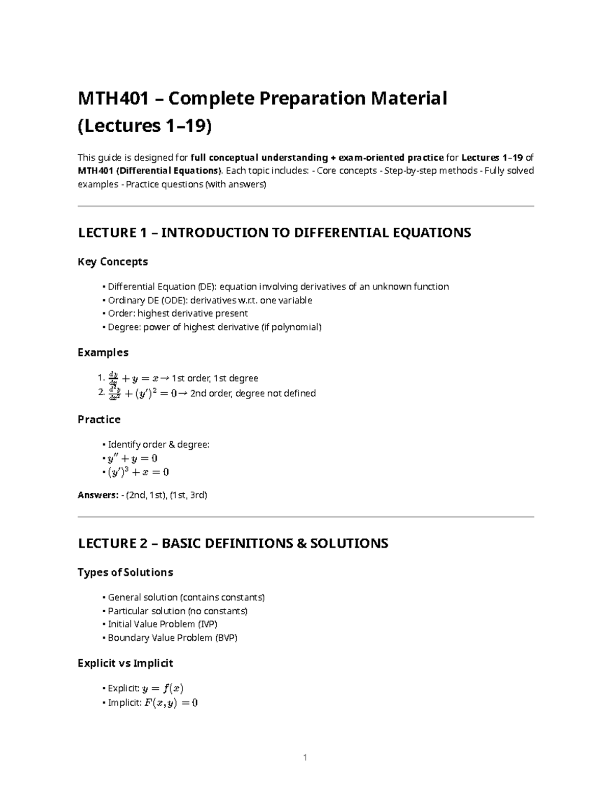 MTH401 Midterm Exam Preparation Guide (Lectures 1-19) - Studocu