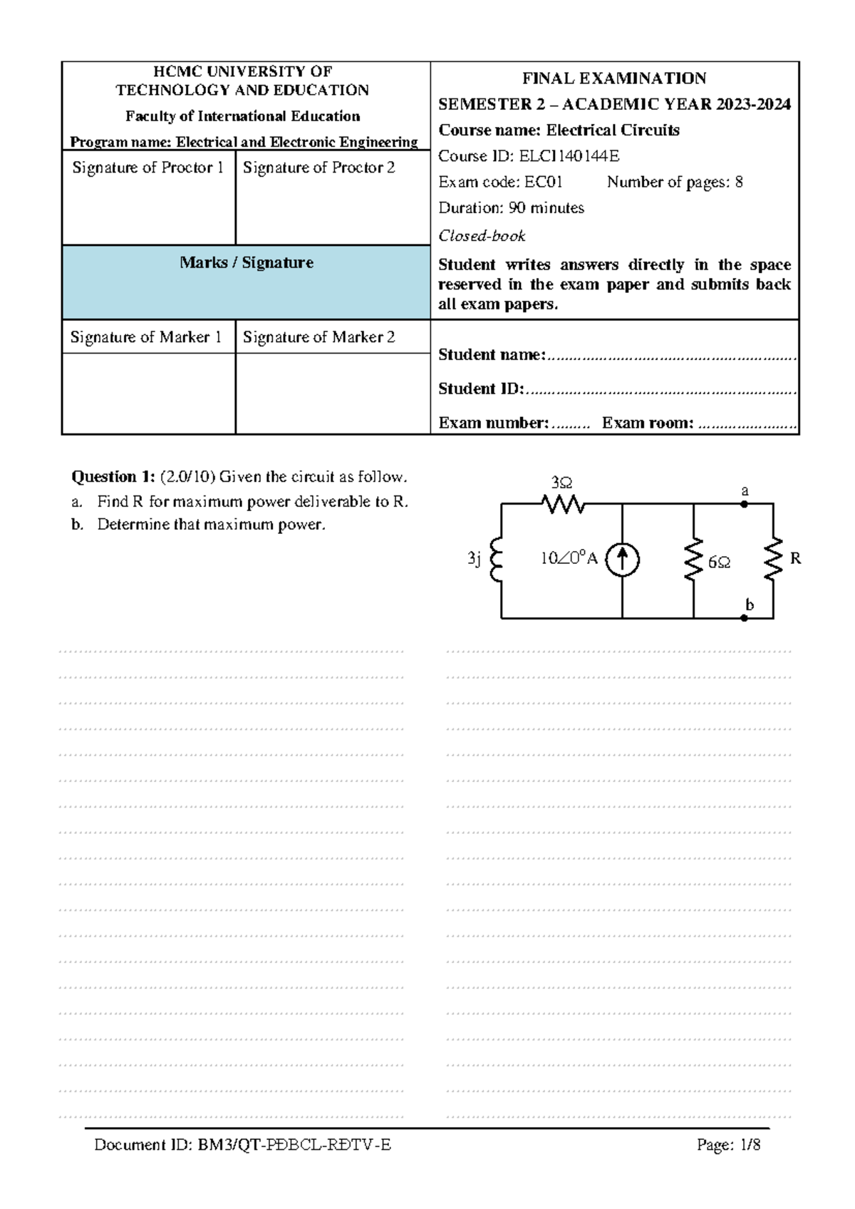 2324-S2 Final Exam: Electrical Circuits (ELCI140144E) - Studocu